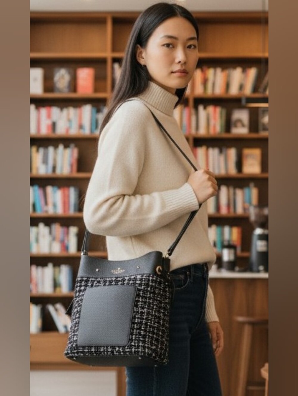 Kate Spade ♠️ New York Marti Large Black Tweed Bucket Sholder Bag